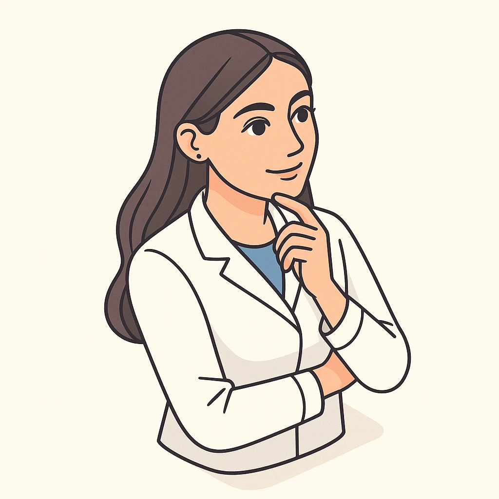 A girl doctor with dark long straight hair, detailed brown eyes (not just dots), wearing a white medical coat, in 2D isometric style with a minimalist background, thoughtful finger on chin, with a slight half-smile expression. emoji