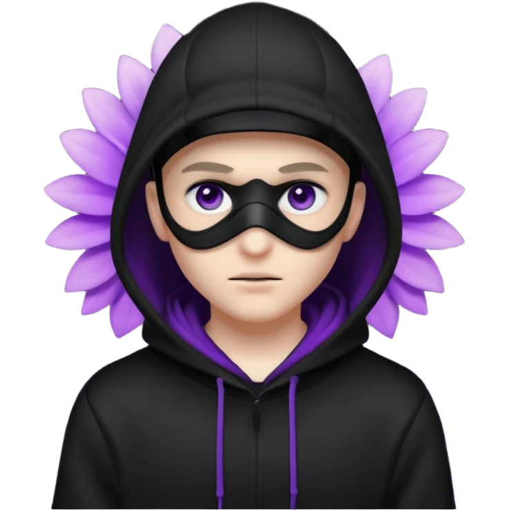 no visible face cartoon blacked character related to a shadow, with all black clothes, focusing a hoodie with his cap on, and a black facemask, just his purple shadow eyes making a light bloom emoji