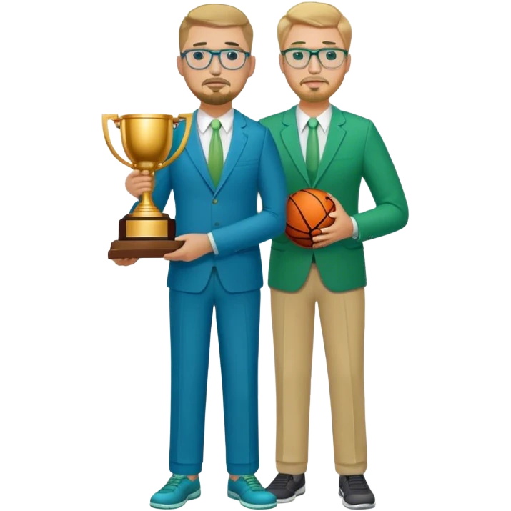 Full Body white plus size man  wearing glasses with a goatee with dirty blond short hair basketball head Coach in blue and green suit holding trophy emoji