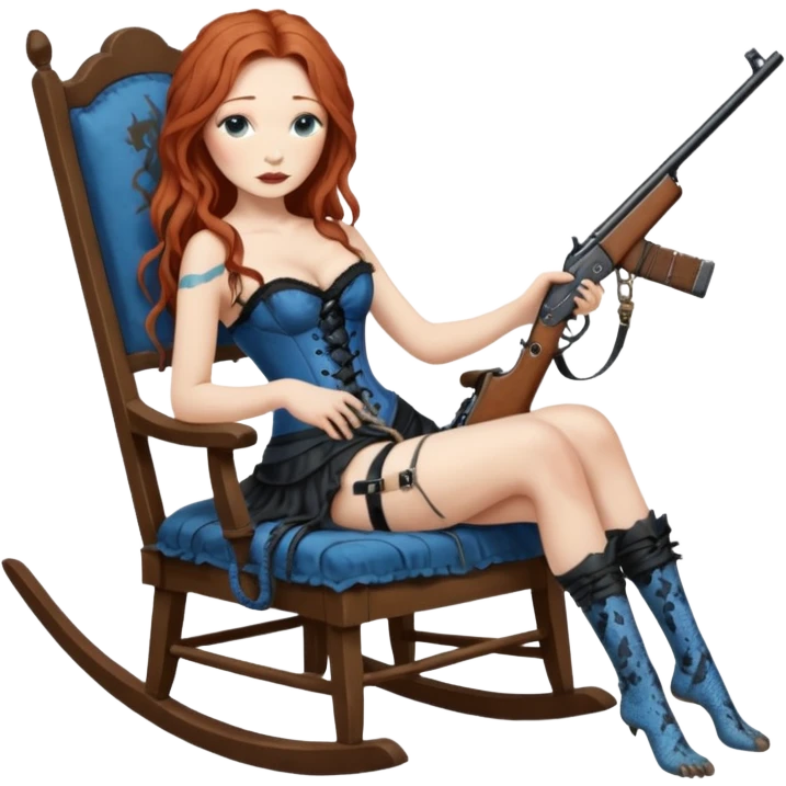 realistic cinematic Tori Amos sits on a rocking chair in a torn corset, holding an antique rifle and her bare feet are muddy. A blue snake is wrapped around the chair. emoji