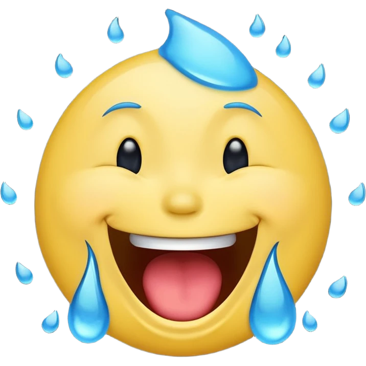 Emoji, yellow round laughing hysterically face, with blue tears of joy on it.  emoji