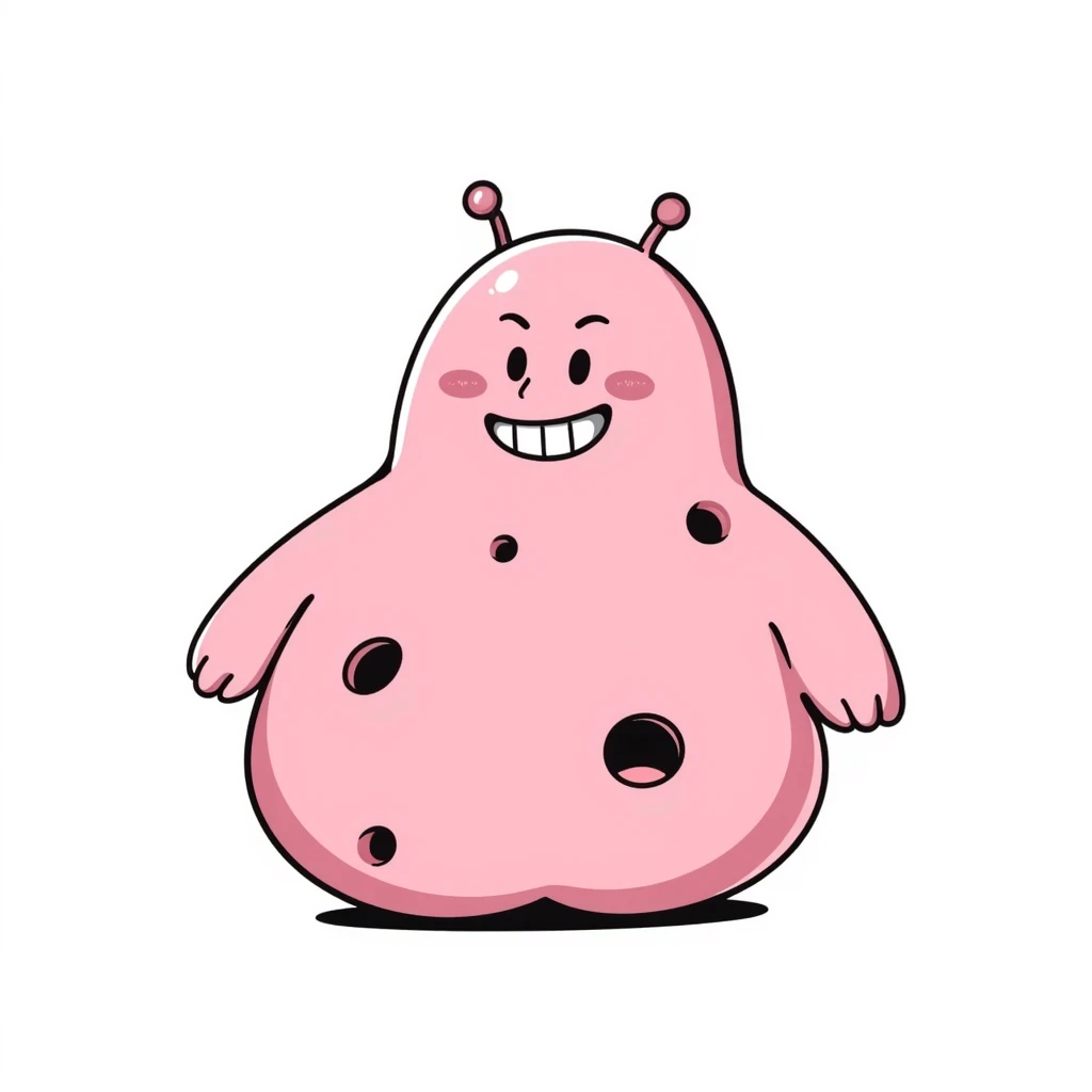Majin Buu from Dragon Ball Z, pink blob monster with holes, antenna on head, mischievous smile emoji