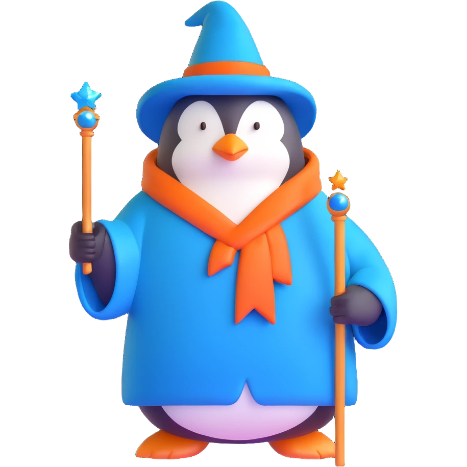 penguin wizard with a blue robe and sparkly wand emoji