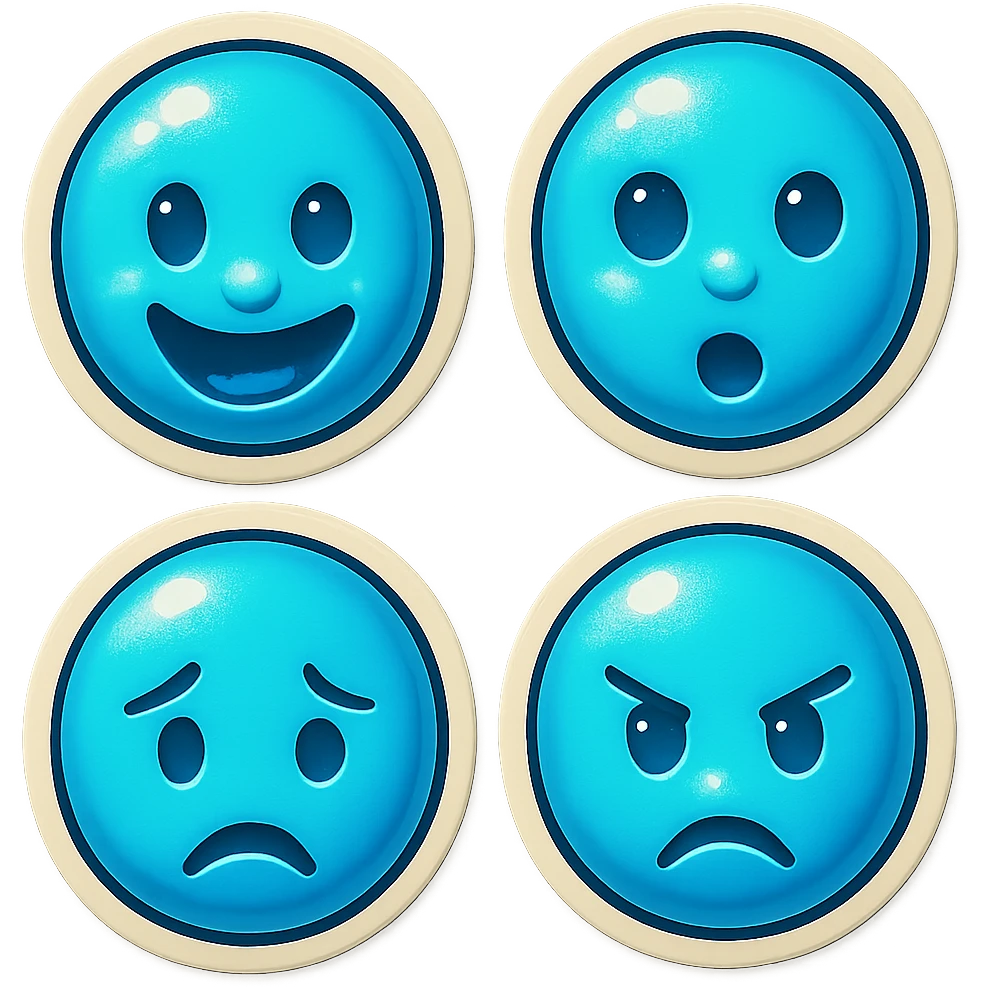 Create four similar variants of this emoji image, maintaining the emoji style and blue color, but with different facial expressions. emoji