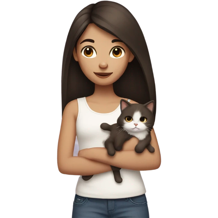 Dark brown straight hair girl holding white fluffy cat  emoji