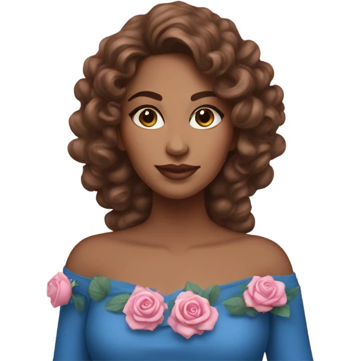 Realistic brasilian woman with longer brown currly hair with pink roses & wearing style blue dress elegantly  emoji