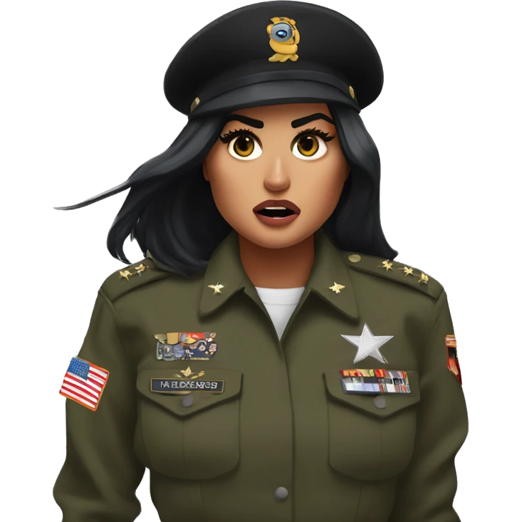 Kylie Jenner gets angry and screams in black army uniform emoji