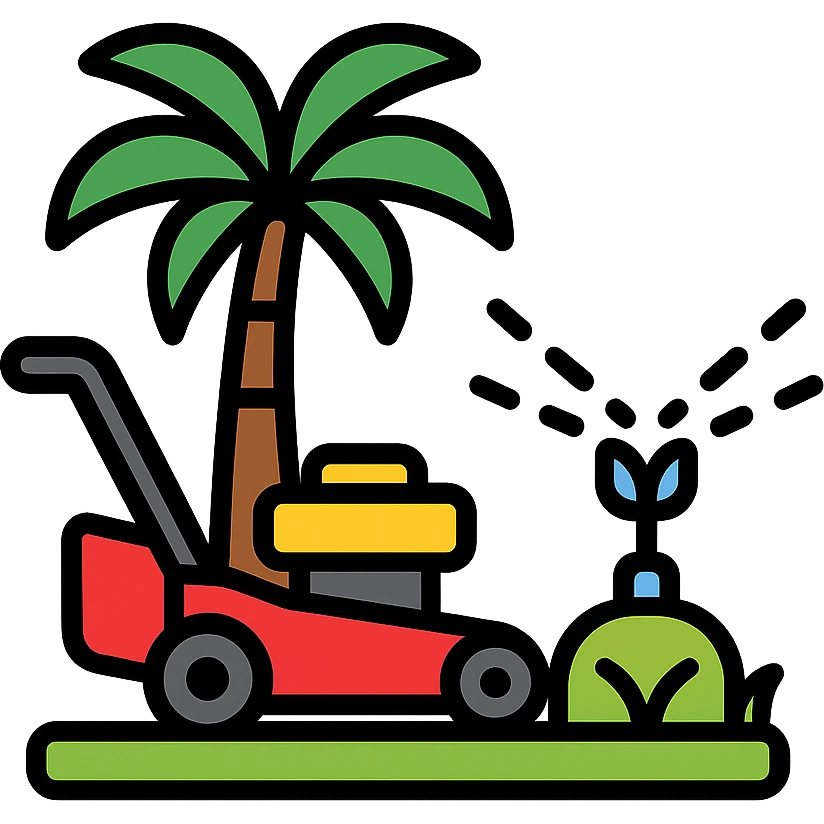 lawn care service icon with lawn mower on grass, palm tree behind, water sprinkler spraying, clear friendly design emoji