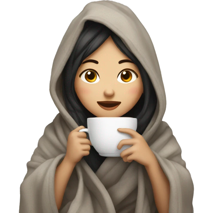 Asian girl wrapped in cozy blanket drinking coffee emoji