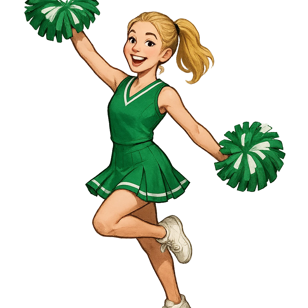 blonde cheerleader with ponytail, Kelly green uniform, holding pom-poms, dynamic stance, cheerful expression emoji