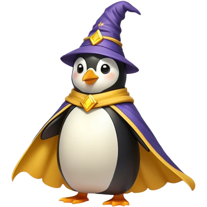 "A wizard penguin with a yellow hat and a long, flowing cape. The penguin is floating slightly above the ground, surrounded by swirling magical energy and glowing runes in the airyellow wizard hat emoji