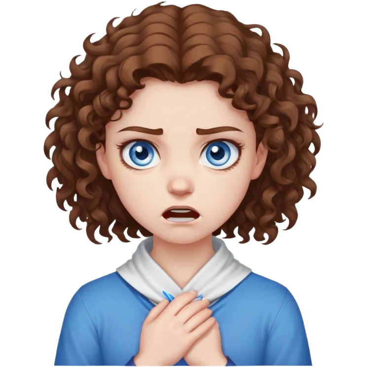 girl with brown curly hair and blue eyes with an angry expression with hands around her neck in a cross emoji