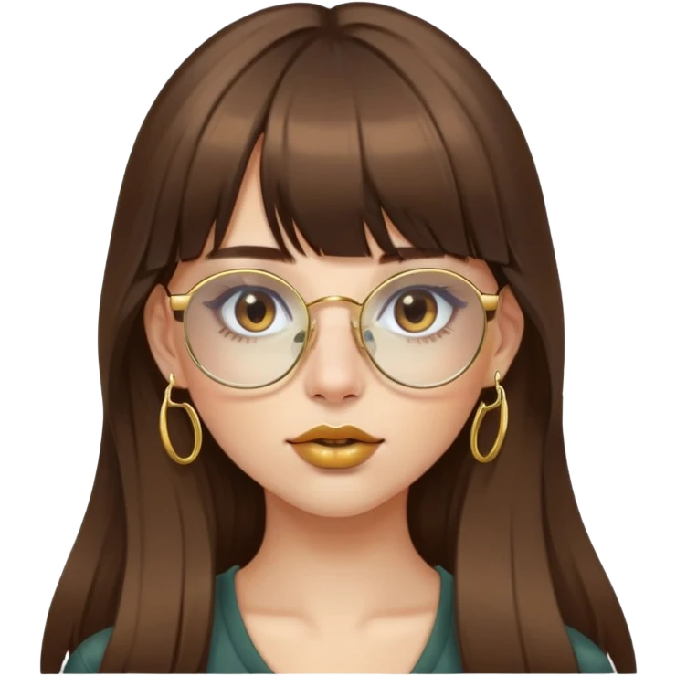 pretty girl with long brown hair with bangs, gold glasses and gold septum ring in nose  emoji