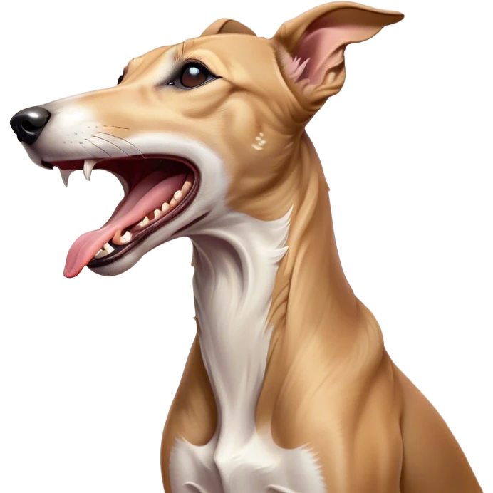 Cinematic Cute Yawning Fawn Greyhound Portrait Emoji, Head tilted slightly with a dramatic, wide-open yawn, showcasing a smooth fawn Fur with a refined finish, floppy ears slightly drooping, round eyes barely open in drowsy contentment, Simplified yet irresistibly adorable features, highly detailed, glowing with a soft, cozy glow, high shine, relaxed yet expressive, stylized with a touch of whimsy, bright and endearing, soft glowing outline, capturing the essence of a sleepy yet affectionate companion, so drowsy it feels like it could stretch out of the screen and curl up for a nap! emoji