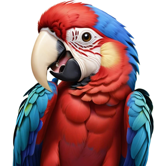 Cinematic Realistic Cute Yawning Macaw Portrait Emoji, Head tilted slightly with a dramatic, wide-open yawn, showcasing a soft, downy arrangement of vivid scarlet and blue feathers with gently drooping features and half-closed, drowsy eyes, rendered with lifelike feather detail and natural lighting, high shine, relaxed yet expressive, styled with a dash of tropical whimsy, soft glowing outline, capturing the essence of a sleepy yet affectionate macaw that appears ready to rest its wings in a quiet, enchanted moment! emoji