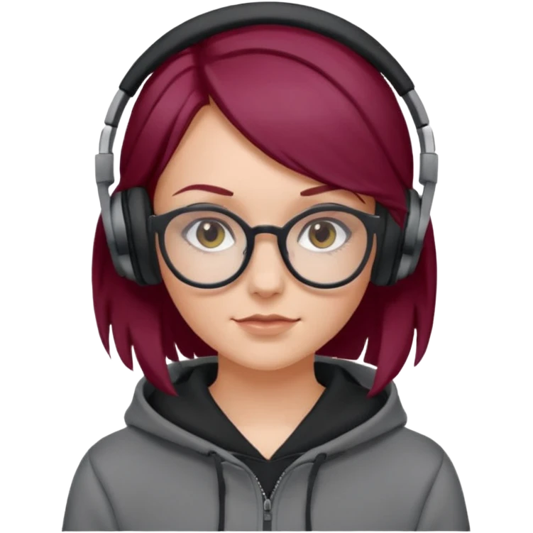 white girl with burgundy hair, gray glasses, black deportive hoodie and black headphones emoji
