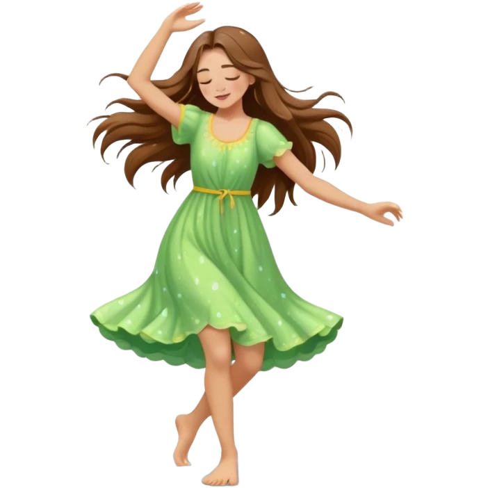Girl with long brown hair dancing barefoot in the rain with closed eyes spring colors cartoon style elegant romantic love life raindrops in the background  emoji