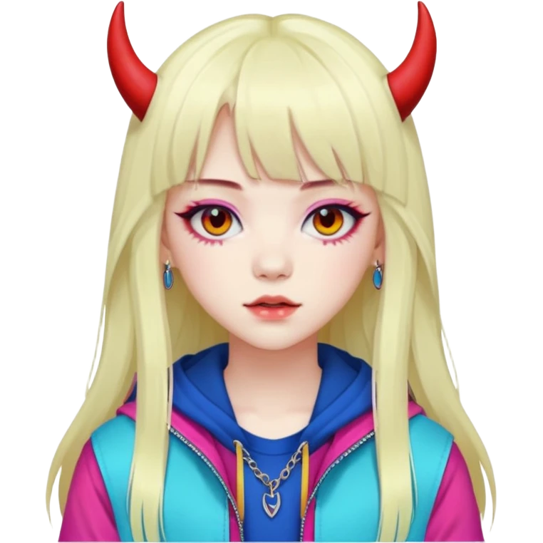  portrait-of-a-devil-k-pop-idol,-wearing-a-stylish-streetwear-outfit-with-layered-colorful-clothing,-long-hair-with-bangs,-makeup,- emoji