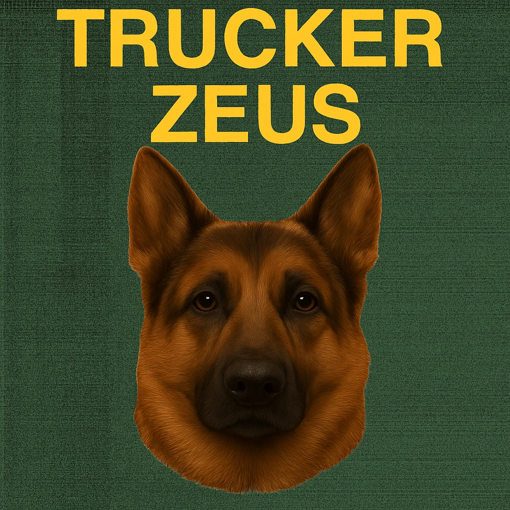 Apply maximum compression to reduce file size as much as possible while keeping transparency, realistic German Shepherd, and yellow 'Trucker Zeus' text. emoji