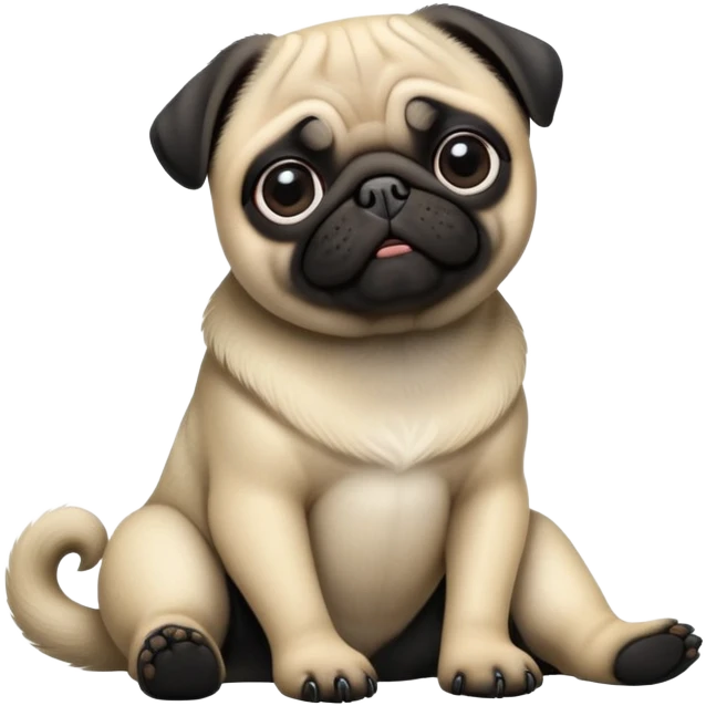 cinematic-[pug]-realistic-full-body-sitting-emoji,-tail-resting-loosely-beside-its-paws,-head-tilted-dramatically, -sleek-[black]-fur,-simplified-yet-realistic-focused-features,-highly-detailed,-glowing-with-an-almost-sarcastic-glow emoji