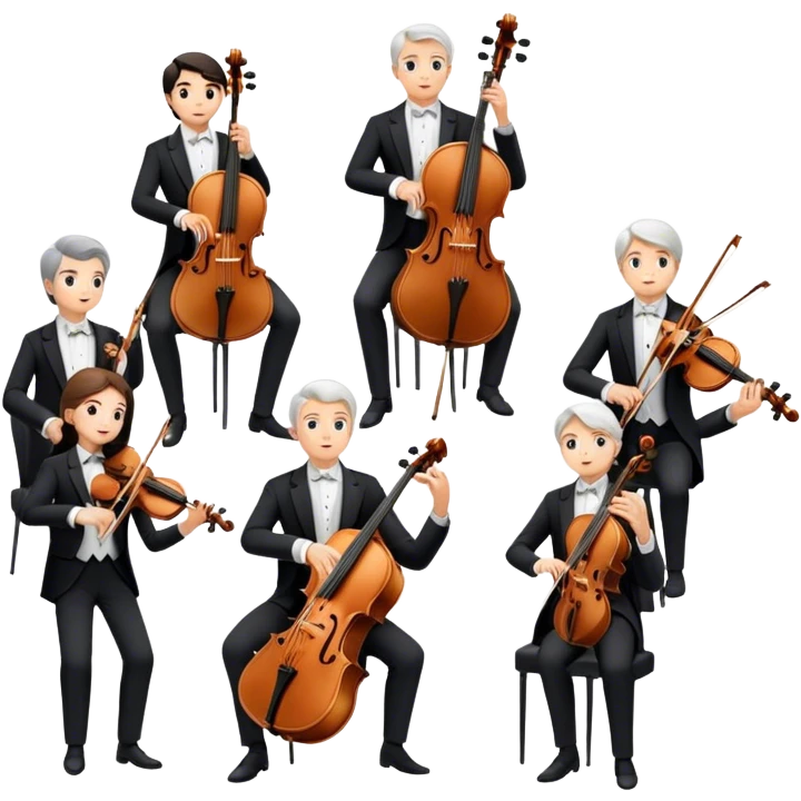 Icon for Classical Music: symphonic orchestra with musicians playing violins, cellos, flutes, and a conductor leading the ensemble. A grand, elegant vibe. Transparent background. emoji