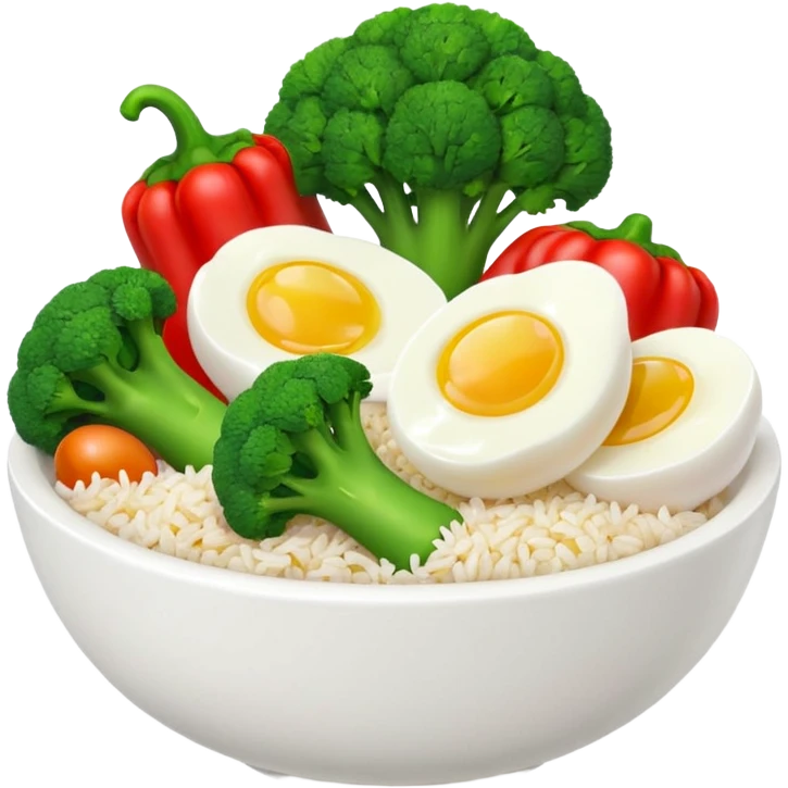 3D food emoji, glossy, smooth shapes, premium style,
broccoli, red bell pepper, rice bowl, chicken breast,
boiled eggs, vitamins bottle,
light warm background
 emoji