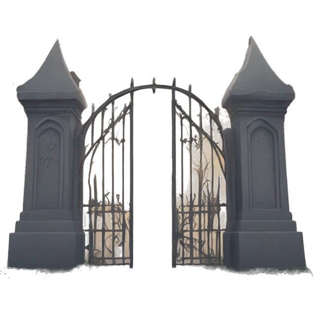 Haunting graveyard gate at noon, light fog emoji