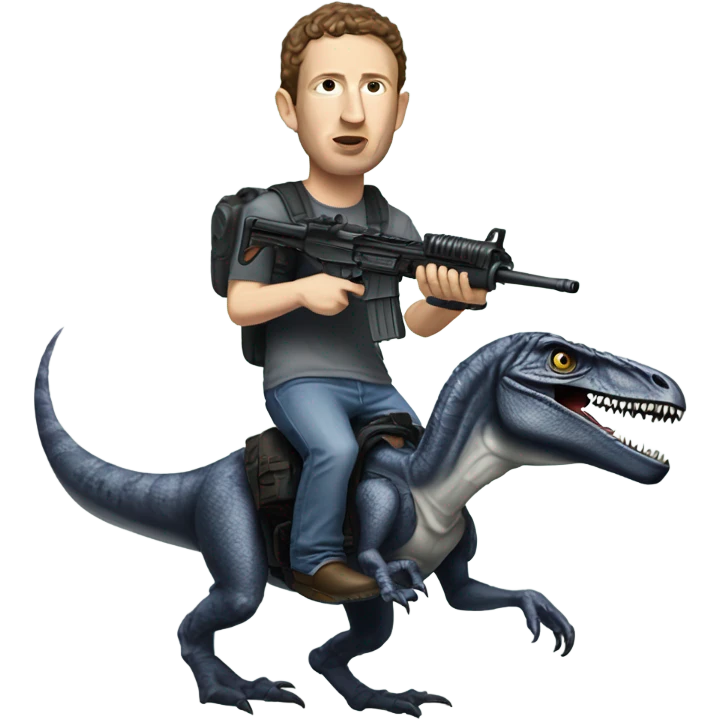 Mark zuckerburg riding a velociraptor with a machine gun emoji