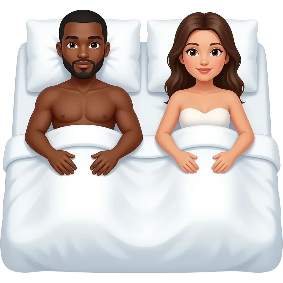 Black guy on a giant white bed with a girl no shirt up close emoji