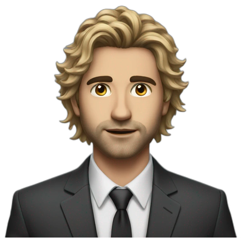 very realistic alex hormozi with a messy hair and in a suit emoji