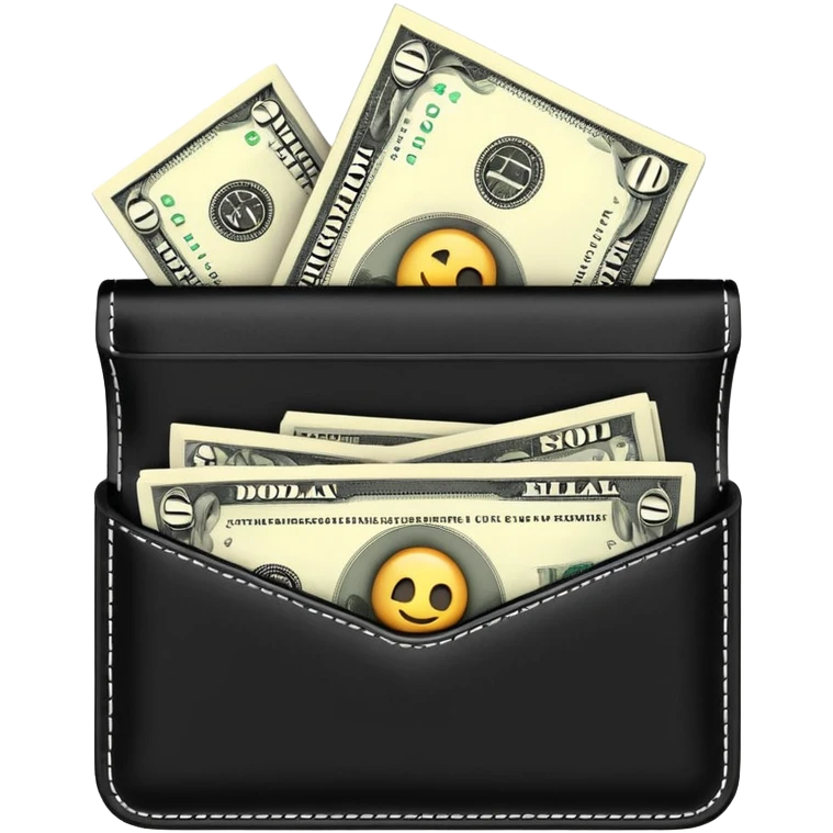 Rich emoji style black leather wallet with dollar bills, luxury money vibe, premium 3D emoji, ultra clean, high detail, no background
 emoji
