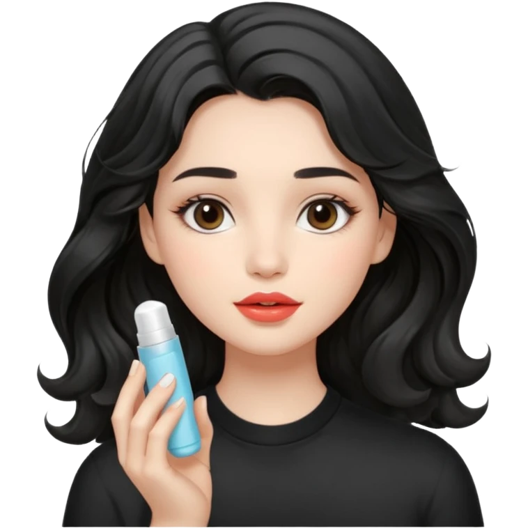 “Girl with light-black wavy hair, soft and flowing. She holds a asthetic lip balm just near her lips, about to apply it. The lip balm gives her lips a subtle glossy shine, making them look smooth, hydrated, and naturally prettyy emoji