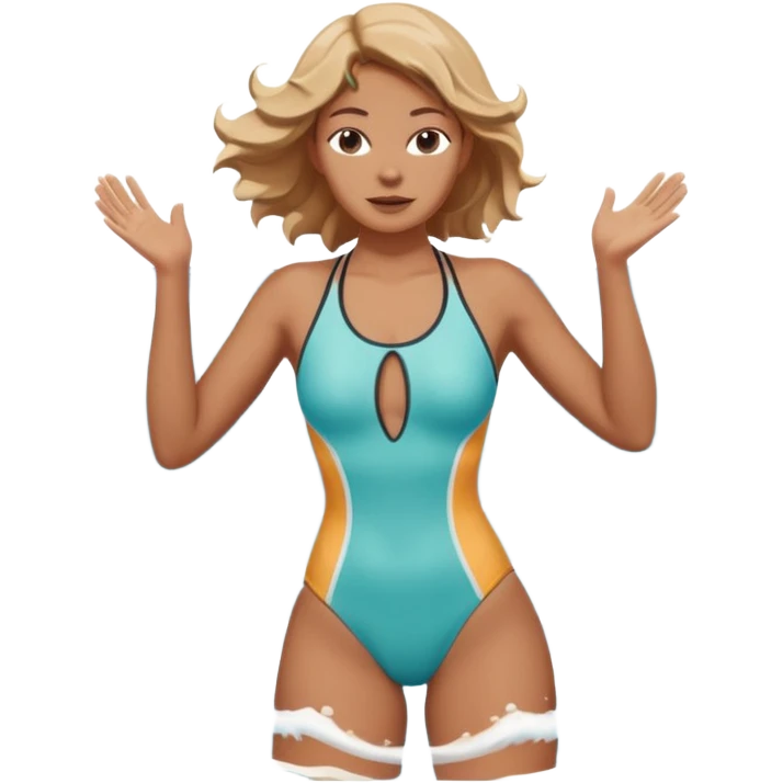 woman standing in the ocean with visible waves around her, medium shot showing upper body and surrounding water, waves clearly rising and splashing, dynamic sea motion, confident expression, 3D cartoon style, mobile game icon style, clean composition, no text, no watermark
  emoji