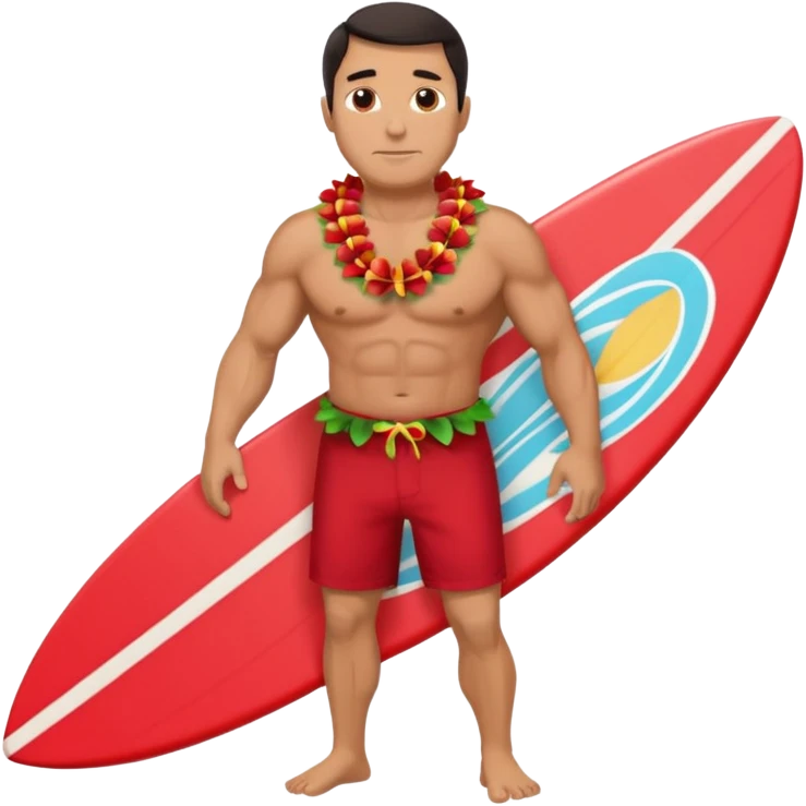 Dark-haired tan muscular 50 year old man with red shorts and shell lei surfing emoji