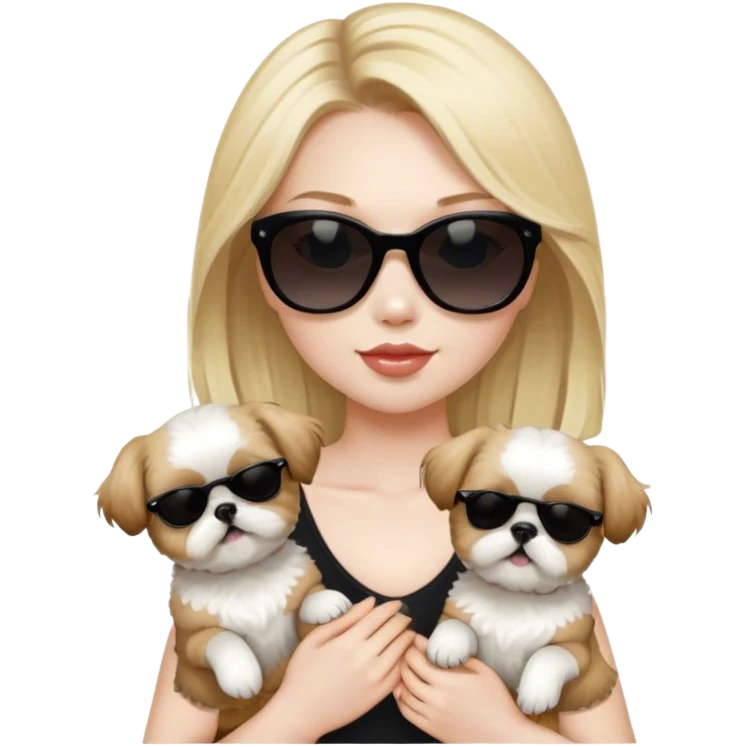 Blonde girl with pale skin and black sunglasses holding 2 Shih tzus one tan and one all black  emoji