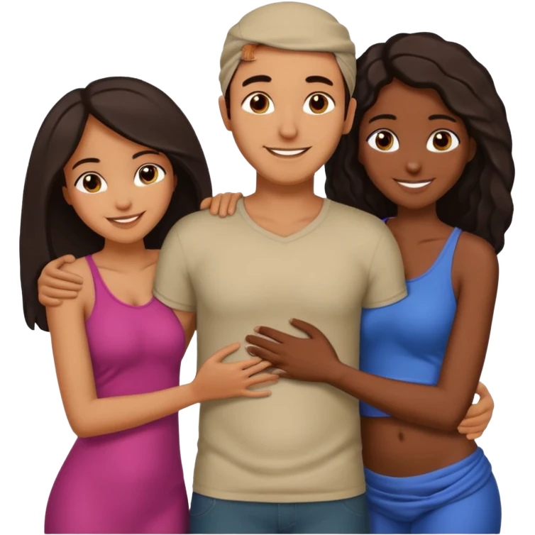 middle Eastern man with two African girlfriends he is 5 inches taller than them. They are rubbing his chest and holding each other breasts and he has his arms wrapped around them around their waist on their butts. emoji