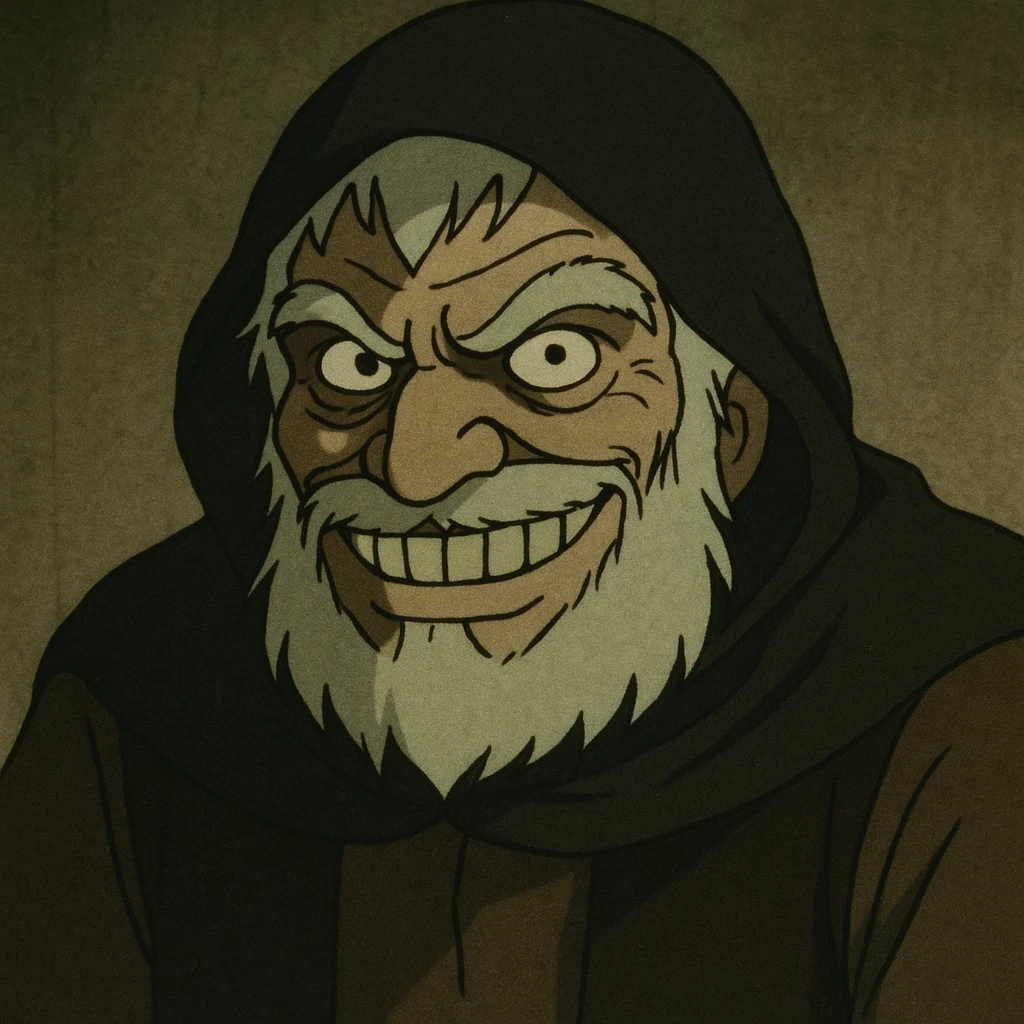 Heidi’s grandfather from the 1978 Japanese series, reimagined as a sinister accomplice, with a creepy smile, in a vintage anime style emoji