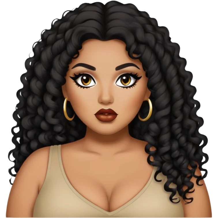 big plus size, darker tan skin, long black curly hair, baddie,pretty, makeup, lipliner, black eyeliner, long hair emoji