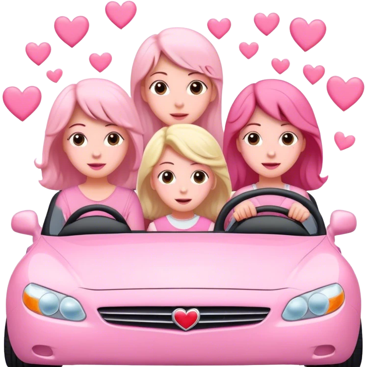 A mom, two daughters, and one son driving in pink convertible with hearts blowing behind emoji