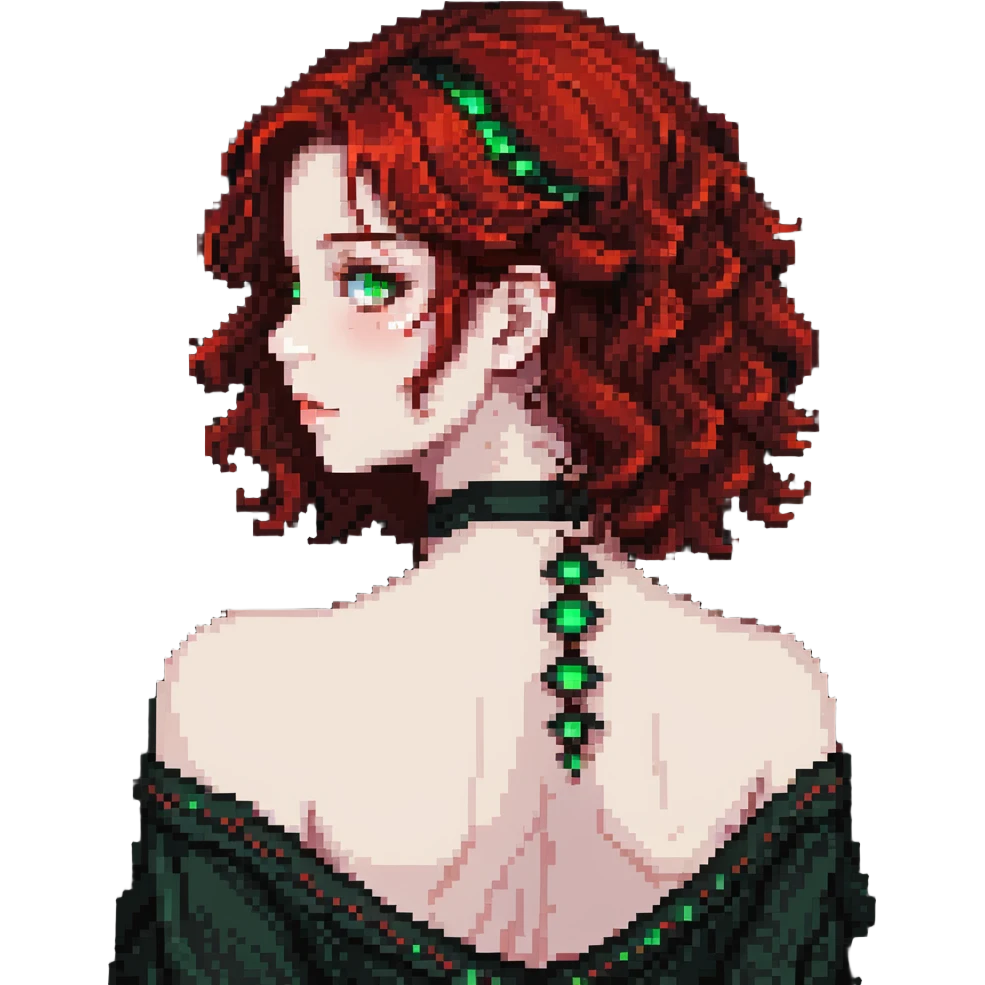 girl with green eyes, white skin, wavy black hair, red hair at the back of her neck emoji