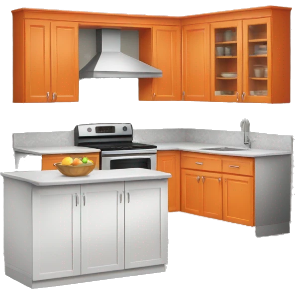 Realistic front facing orange hanging kitchen cabinets and counter.  emoji