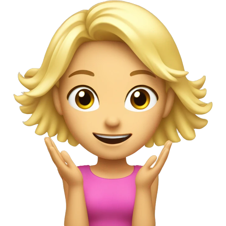 Blonde Girl with both hands open in the air. Happy, frontal view above waist only. Enjoying. Open hands showing palm emoji