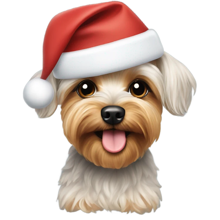 Yorkie poodle mix wearing a Santa hat emoji
