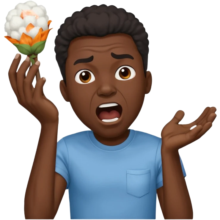 Black man screaming, holding cotton in his hand, expressive face, clear cotton detail emoji