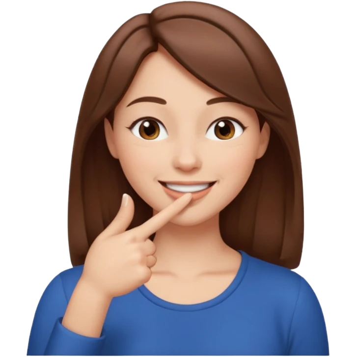 una mujer con un dedo en boca sonriendo y lps ojos en forma medio cerrados creando una curva de sonrisa pelo castaño emoji
