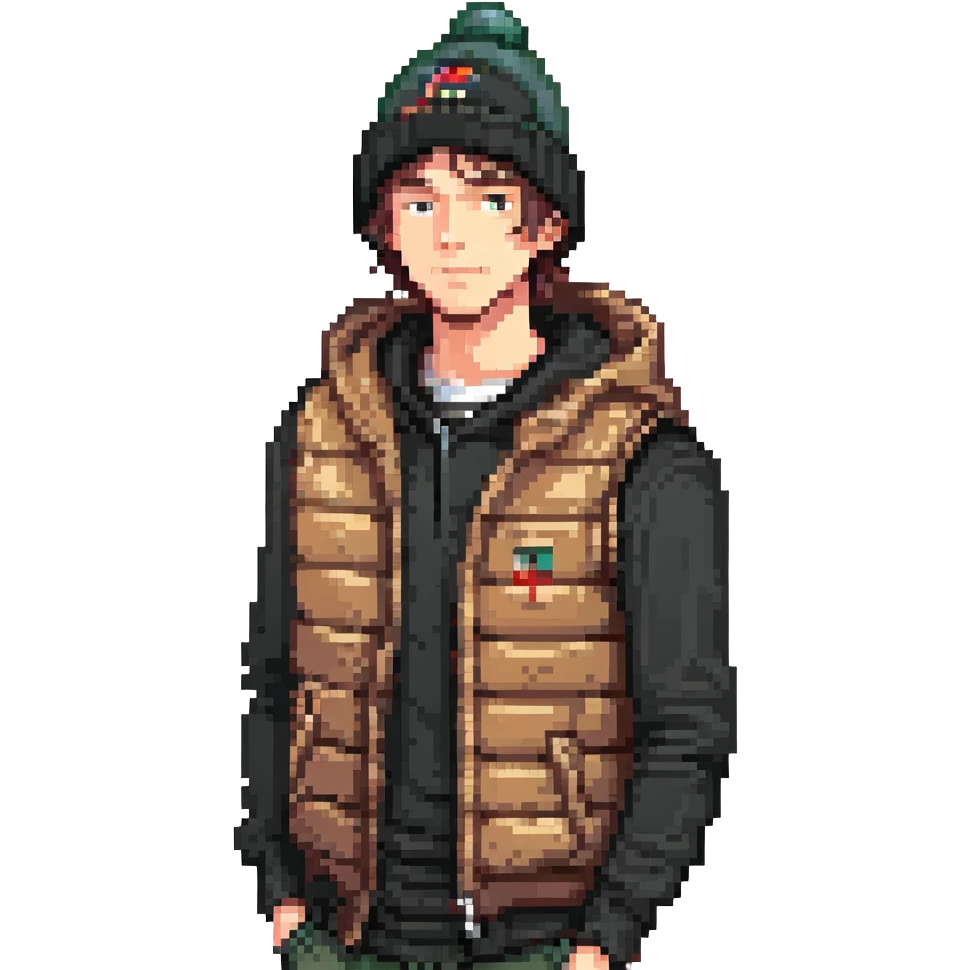 A guy in a hat, black hoodie, and a puffer vest emoji