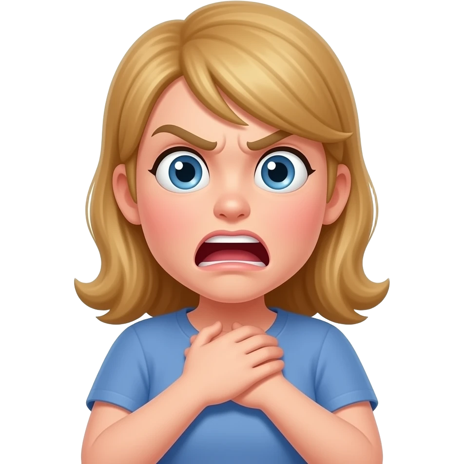 with a surprised/ angry face. the hands chocking herself emoji