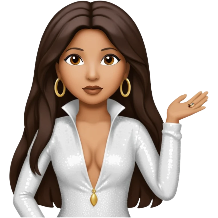 Toni Braxton with long dark brown hair, white sequin outfit emoji