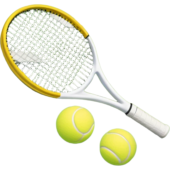 A tennis racket and ball on a grass or hardcourt surface, symbolizing the sport. The racket has a sleek design with tightly strung strings, while the bright tennis ball rests nearby, capturing the essence of precision, agility, and competition. emoji