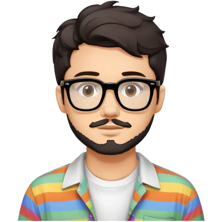 young adult man with light skin, short beard, dark wavy hair, relaxed expression, very wide rectangular glasses with thick black acetate frame and thick double bridge, retro oversized style, colorful open shirt and white t-shirt emoji